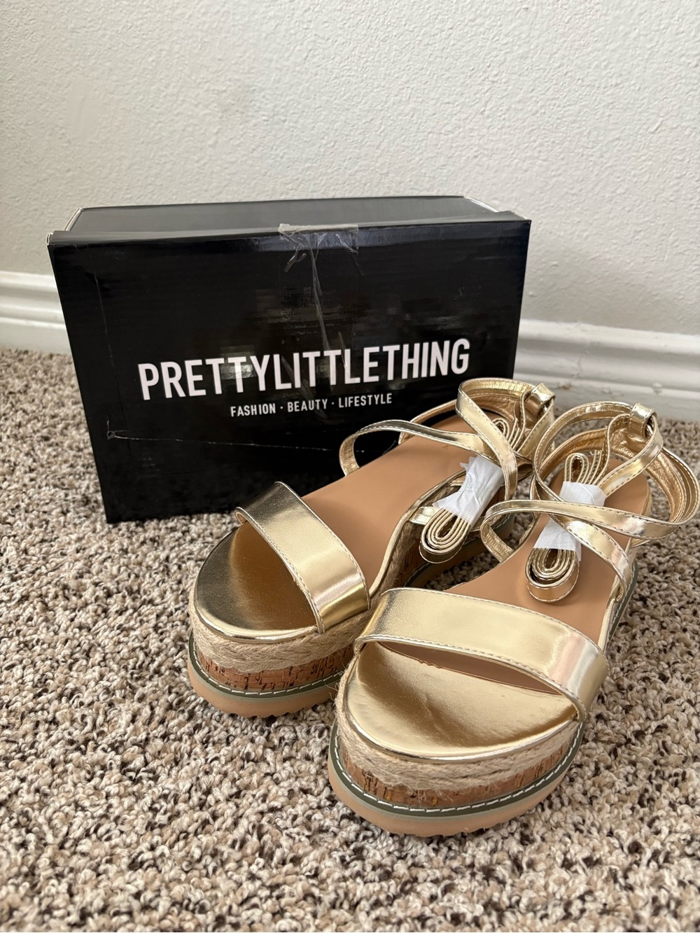 PRETTYLITTLETHING Metallic Gold Platform Sandals with Ankle Wrap